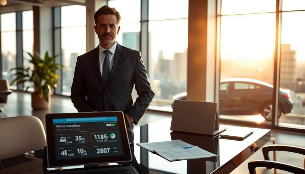 A professional motor expert, dressed in a sharp business suit, stands confidently in an office filled with high-end vehicle assessment tools. The foreground shows a tablet displaying vehicle valuation figures. In the middle, a sleek desk with a laptop and reports is highlighted. In the background, large windows reveal a cityscape bathed in bright natural light, casting soft shadows across the office. The expert's expression conveys determination and knowledge, suggesting a serious consultation about vehicle appraisals. The atmosphere is one of professionalism and expertise, emphasizing a critical assessment of vehicle values. Use warm lighting to create a welcoming but focused environment, with a slight depth of field to draw attention to the expert and the valuation tools.