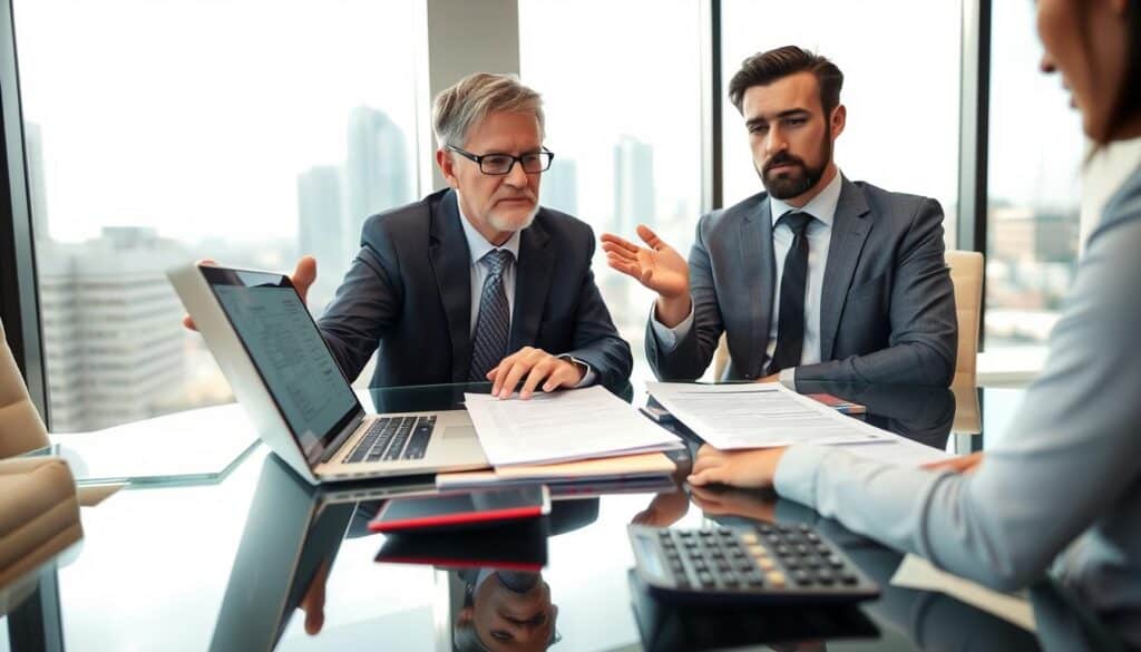 A professional office environment depicting a meeting between an insurance agent and a client discussing car insurance valuations. In the foreground, the agent, a middle-aged person in business attire, gestures towards a laptop displaying two contrasting car insurance quotes. The middle ground features a glass conference table filled with documents and a calculator, symbolizing detailed analysis and comparison. In the background, a large window lets in soft, natural light, illuminating a cityscape that suggests business activity. The atmosphere is focused and serious, with a subtle tension in the air as the client contemplates the significant difference in valuations. Capture this scene from a slightly high angle to emphasize the documents and the expressions on both faces.