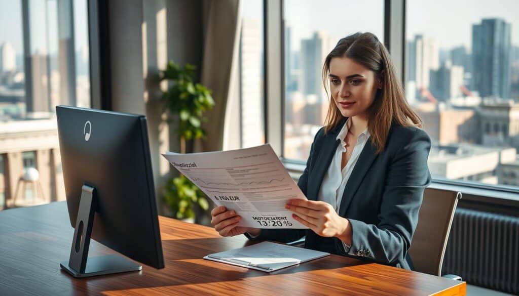 A professional office environment featuring a sleek wooden desk with a computer displaying financial data. In the foreground, a confident businesswoman in professional attire is examining two documents: one labeled "Ubezpieczyciel 6 100 EUR" and another labeled "MOTOEXPERT 13 200 EUR". In the middle ground, a modern office with large windows revealing a city skyline, suggesting a busy financial district. Soft, natural lighting enters through the windows, casting gentle shadows, creating a focused yet approachable atmosphere. The image is taken from a slightly elevated angle, emphasizing both the subject and the surrounding professional setting, with a warm color palette to convey trust and reliability.