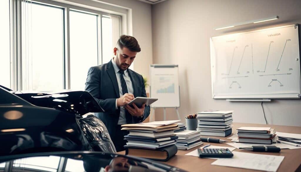 A professional office environment showcasing a detailed damage assessment process. In the foreground, an insurance adjuster in business attire is inspecting a car's damaged area, using a tablet to record observations. In the middle ground, a desk cluttered with folders, paperwork, and a calculator symbolizes financial evaluations, with a large window allowing natural light to flood the room. In the background, a whiteboard with diagrams and figures outlines comparative damage valuation methods. The atmosphere is serious and focused, illuminated by soft, warm lighting that enhances the professional setting. The angle captures both the adjuster's interaction with the vehicle and the analytical environment, emphasizing the meticulous nature of damage valuation processes.