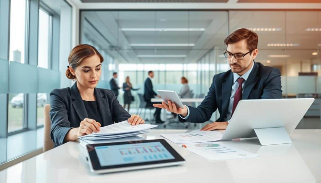 A professional office scene illustrating the "proces reklamacji" (complaint process). In the foreground, a businesswoman in professional attire sits at a sleek desk, examining a stack of documents with a look of concentration. Beside her, a businessman in a suit gestures towards a digital tablet displaying infographics. In the middle ground, a modern office with glass walls showcases a few colleagues engaged in discussions, emphasizing collaboration. The background reveals a large window with natural light streaming in, creating a bright and airy atmosphere. The mood is focused yet collaborative, conveying a sense of professionalism and thoroughness. The scene is captured with a wide-angle lens to emphasize the space and the interactions occurring within it.