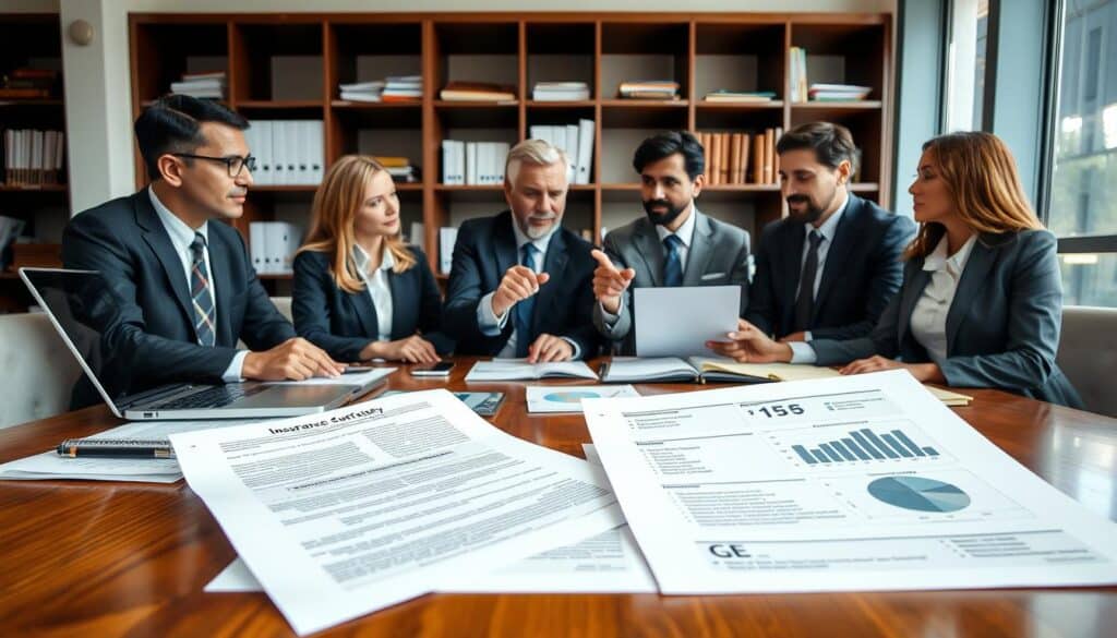 A professional office setting where a diverse group of insurance agents, dressed in formal business attire, are gathered around a polished wooden table covered with neatly organized insurance documentation. In the foreground, a close-up of an open insurance policy document showing detailed terms, alongside a laptop displaying analytical data on valuation comparisons. In the middle ground, the agents are engaged in discussion, pointing at graphs and charts, with expressions of focus and determination. The background features shelves filled with files and books, accented by soft, natural lighting from large windows, creating an atmosphere of collaboration and professionalism. Focus on capturing the essence of documentation's importance in valuation processes.
