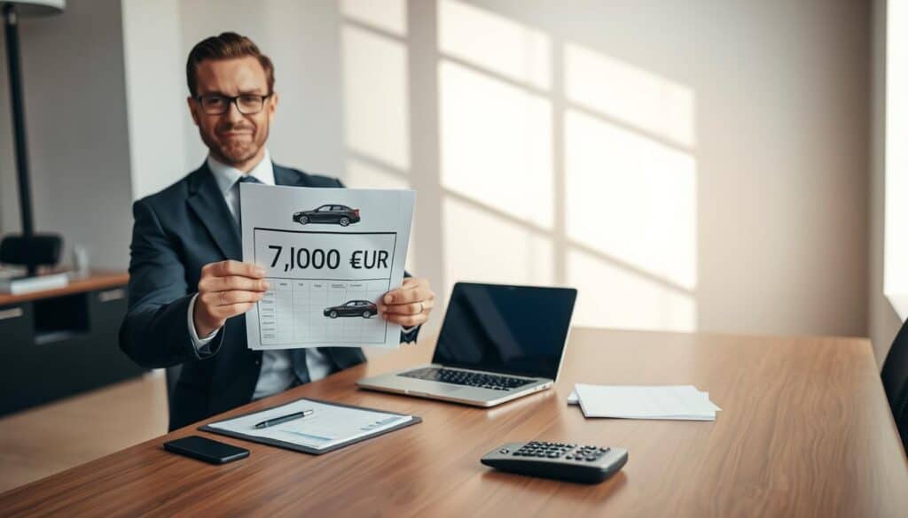A professional office setting with a clear focus on vehicle insurance valuation. In the foreground, a confident insurance agent in smart business attire reviews an assessment sheet with numbers prominently displaying "7,100 EUR" beside an image of a car. The middle ground features a modern desk with a laptop open, documents neatly arranged, and a calculator. In the background, a large window allows soft, natural light to illuminate the room, casting subtle shadows. The overall atmosphere conveys a sense of professionalism and analytical seriousness, highlighting the contrast between a traditional insurance company's lower valuation and a more competitive market alternative. The colors are warm and inviting, creating a balanced, professional mood.