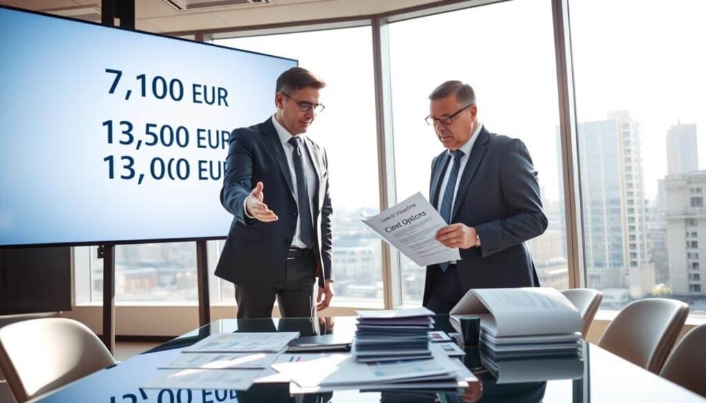 A professional scene depicting a financial advisor and a client in a modern office setting, engaged in a discussion about insurance valuations. In the foreground, the advisor, wearing a tailored suit, gestures towards a large digital display showing contrasting figures for "7,100 EUR" and "13,500 EUR," symbolizing different valuation options. The client, a mid-aged individual dressed in smart business casual attire, appears thoughtful as they review a brochure titled "Client Options." The middle ground features a sleek, glass-topped table cluttered with charts and papers. In the background, large windows reveal a city skyline under bright, natural light, creating an optimistic atmosphere. The scene captures a sense of professionalism and trust, highlighting the importance of informed decisions in client valuations.