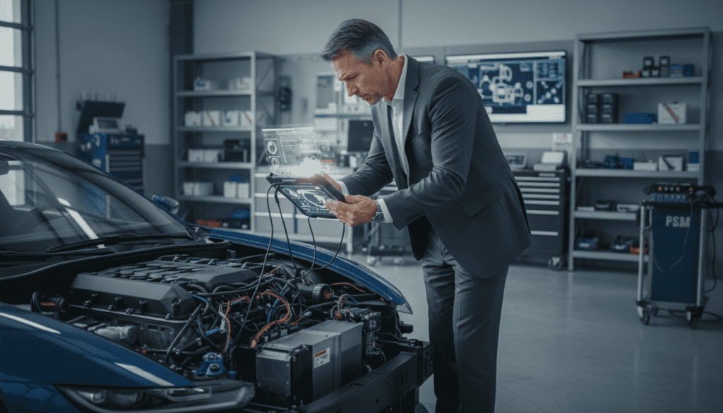 A professional scene showcasing a technical expert carefully examining a vehicle with advanced diagnostic tools. In the foreground, the expert, a middle-aged male, dressed in a smart business suit, is focused on analyzing data displayed on a tablet. The middle ground features a sleek car, partially disassembled, highlighting its intricate components. The background includes a modern, well-lit garage environment with shelves of tools and equipment, emphasizing a high-tech atmosphere. Soft, diffused lighting creates a calm, analytical mood, while the angle captures the expert's concentration and dedication to ensuring full compensation for clients. A professional scene showcasing a technical expert carefully examining a vehicle with advanced diagnostic tools. In the foreground, the expert, a middle-aged male, dressed in a smart business suit, is focused on analyzing data displayed on a tablet. The middle ground features a sleek car, partially disassembled, highlighting its intricate components. The background includes a modern, well-lit garage environment with shelves of tools and equipment, emphasizing a high-tech atmosphere. Soft, diffused lighting creates a calm, analytical mood, while the angle captures the expert's concentration and dedication to ensuring full compensation for clients.