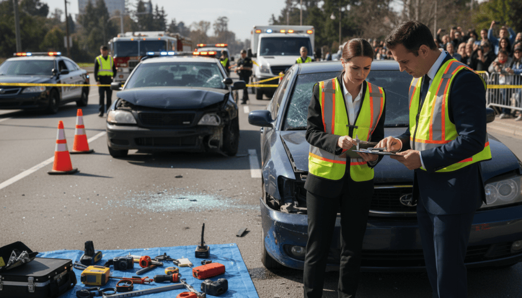 A professional setting depicting a car accident investigation scene. In the foreground, a group of three individuals dressed in business attire – a male and a female engineer examining a damaged vehicle, with tools and a clipboard in hand. The middle ground features the crumpled car, with visible dents and broken glass, surrounded by safety cones and technical equipment. In the background, a traffic accident scene with emergency vehicles, caution tape, and onlookers observing from a safe distance. The lighting is natural daylight, highlighting the details of the car's damage and the seriousness of the investigation. The mood is serious and focused, conveying the importance of understanding and avoiding common mistakes following an accident. A professional setting depicting a car accident investigation scene. In the foreground, a group of three individuals dressed in business attire – a male and a female engineer examining a damaged vehicle, with tools and a clipboard in hand. The middle ground features the crumpled car, with visible dents and broken glass, surrounded by safety cones and technical equipment. In the background, a traffic accident scene with emergency vehicles, caution tape, and onlookers observing from a safe distance. The lighting is natural daylight, highlighting the details of the car's damage and the seriousness of the investigation. The mood is serious and focused, conveying the importance of understanding and avoiding common mistakes following an accident.