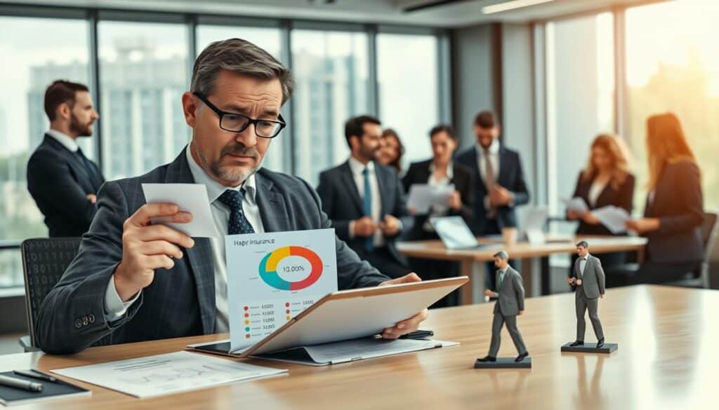 A professional setting depicting a financial analyst's desk, with two contrasting figures representing different insurance valuations. In the foreground, a focused middle-aged man in a smart suit reviews a document with a puzzled expression, symbolizing the 4,900 EUR valuation. He gestures towards a colorful infographic on a tablet displaying the higher valuation of 10,200 EUR. In the middle ground, a diverse group of colleagues, also in business attire, are engaged in an animated discussion, with charts and graphs illustrating market trends. The background features a modern office space with large windows allowing natural light to flood in, creating a bright, optimistic atmosphere. The mood reflects intrigue and intense analysis, suitable for the topic of valuation differences in insurance. A professional setting depicting a financial analyst's desk, with two contrasting figures representing different insurance valuations. In the foreground, a focused middle-aged man in a smart suit reviews a document with a puzzled expression, symbolizing the 4,900 EUR valuation. He gestures towards a colorful infographic on a tablet displaying the higher valuation of 10,200 EUR. In the middle ground, a diverse group of colleagues, also in business attire, are engaged in an animated discussion, with charts and graphs illustrating market trends. The background features a modern office space with large windows allowing natural light to flood in, creating a bright, optimistic atmosphere. The mood reflects intrigue and intense analysis, suitable for the topic of valuation differences in insurance.
