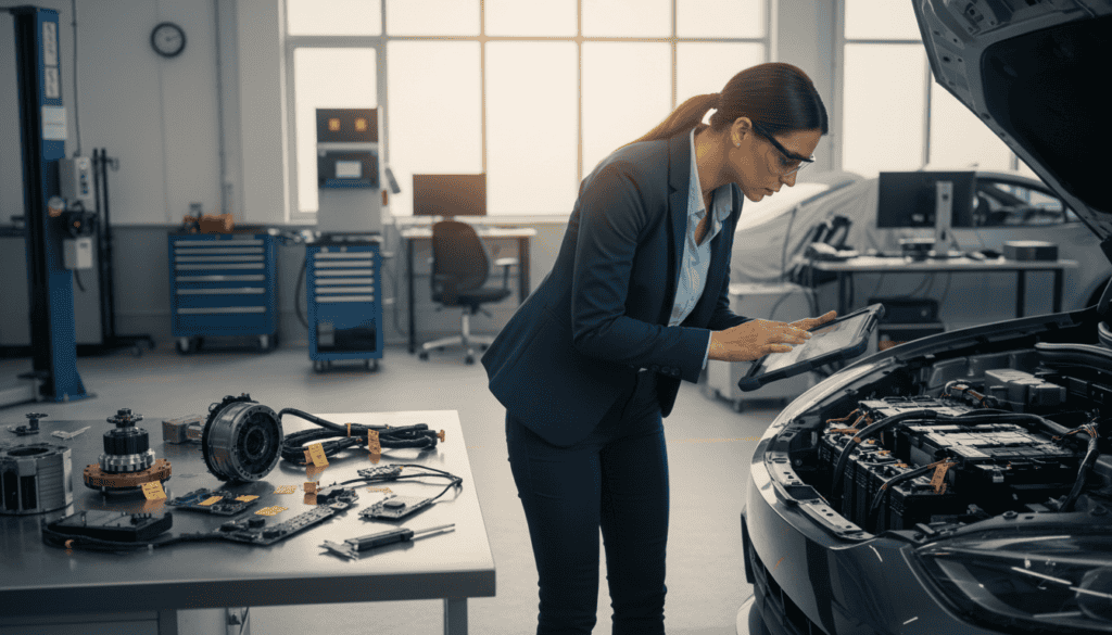 A professional setting depicting a technical expert conducting an independent technical assessment. In the foreground, a confident engineer in business attire, wearing safety glasses, analyzes a vehicle's components with a digital tablet. The middle ground features a detailed view of various automotive parts spread across a clean, well-lit workspace, emphasizing the critical factors in technical evaluation. The background includes a modern workshop with diagnostic tools and equipment neatly arranged, bathed in soft, natural light for a clear, focused atmosphere. The overall mood is serious and professional, with an emphasis on precision and expertise, evoking trust in the technical assessment process.