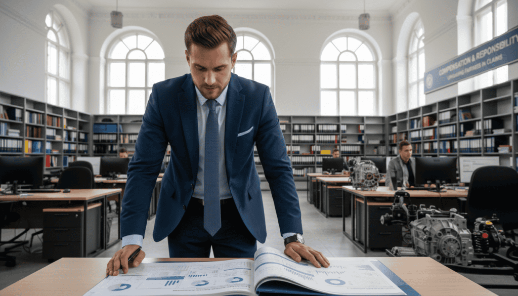 A professional setting depicting a technical expert evaluation in a claims process. In the foreground, a confident investigator, dressed in business attire, is analyzing a detailed report with charts and diagrams. The middle ground features a large, open office with high ceilings, filled with natural light streaming through large windows, creating a bright and inviting atmosphere. In the background, shelves filled with technical books and various automotive parts reflect the focus on motor vehicle analysis. The scene conveys a sense of meticulous professionalism and expertise, emphasizing the relationship between compensation and the responsibility of the at-fault party. The lighting is bright and even, evoking clarity and thoroughness, while a slight lens blur adds depth to the background, ensuring the subject stands out prominently.