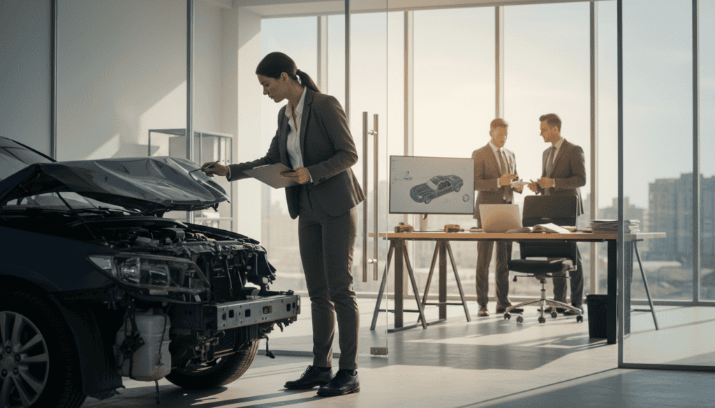 A professional setting depicting an independent damage assessment after a vehicle accident. In the foreground, a skilled technician, dressed in a smart business outfit, is inspecting a damaged car with a clipboard in hand, examining the impact on the vehicle's frame. In the middle ground, a modern office environment with reports stacked on a desk and technical tools visible, highlighting analysis and evaluation. The background features a large window with soft, natural light streaming in, casting a bright but warm ambiance that suggests clarity and professionalism. The overall mood is serious yet constructive, emphasizing the importance of a thorough and unbiased assessment in the claims process.