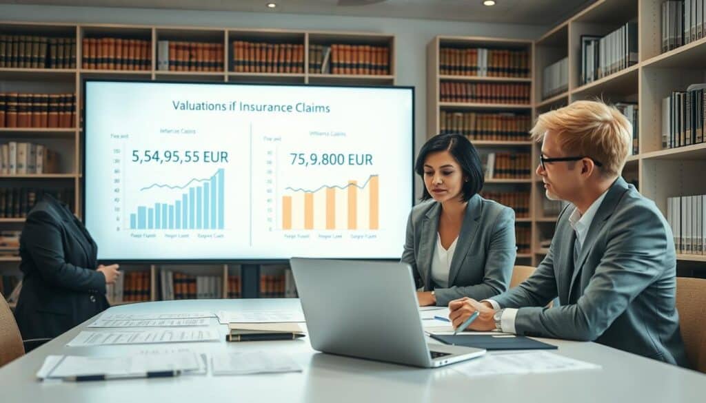 A professional setting depicting an office scene focused on the valuation of insurance claims. In the foreground, a diverse group of three individuals—one woman and two men—are gathered around a large table covered with documents and a laptop, all wearing smart business attire. The woman, with short dark hair, is explaining a chart, while one man with glasses takes notes, and the other, with short blonde hair, looks contemplative. In the middle ground, detailed charts and graphs representing differing valuations (5,555 EUR vs. 9,800 EUR) are displayed on a screen, symbolizing the discrepancies in client expectations. The background features bookshelves filled with legal and financial books, creating a scholarly atmosphere. Soft, diffused natural light streams through a large window, enhancing the professional mood of collaboration and analysis. The overall composition conveys focus and serious discussion around client expectations in insurance valuation.