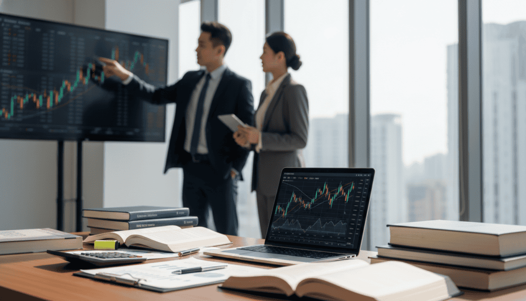 A professional setting depicting the costs associated with independent technical analysis. In the foreground, a well-organized desk with technical documents, a laptop displaying analytical graphs, and a calculator. In the middle, a confident financial analyst in professional business attire, studying charts and discussing with a colleague. The background features a modern office environment with large windows allowing natural light to illuminate the space, creating a productive atmosphere. Use a slightly blurred depth of field to enhance focus on the subjects and materials on the desk. The overall mood should be one of diligence and professionalism, reflecting the serious nature of technical analysis in the context of financial assessments.