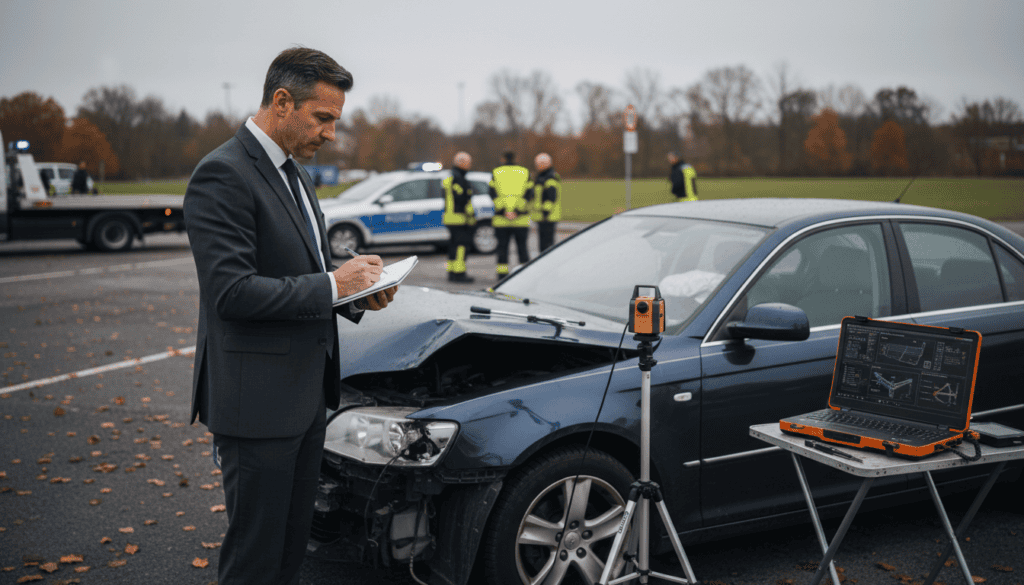 A professional setting depicting the process of damage assessment after an accident. In the foreground, a middle-aged man in a smart business suit examines a damaged car with a notepad in hand. His expression is focused and analytical. In the middle ground, a damaged vehicle, showcasing visible dents and scratches, surrounded by technical equipment like measuring tools and a laptop displaying data analysis. The background features an outdoor scene with blurred emergency responders in the distance, and a somber autumn atmosphere with overcast skies. Soft, natural lighting enhances the seriousness of the scene, creating a sense of diligence and professionalism. Capture this moment from a slightly elevated angle to convey depth and context.