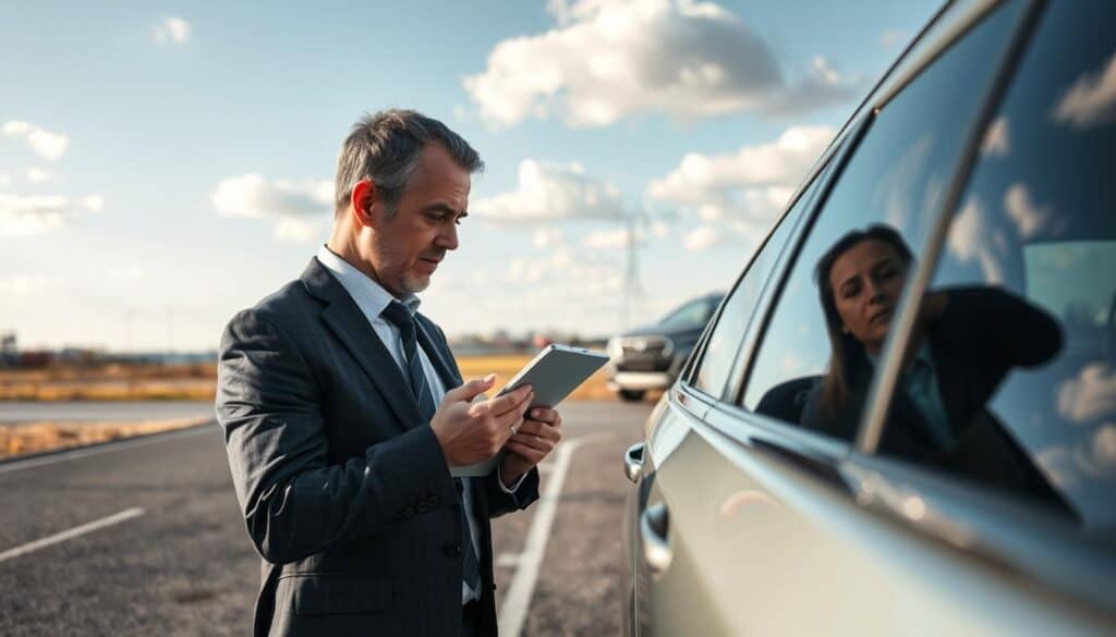 A professional setting featuring a certified automotive appraiser, known as "rzeczoznawca MOTOEXPERT," assessing a vehicle. In the foreground, a middle-aged man in smart business attire examines a car's bodywork, using a clipboard and specialized tools. His thoughtful expression conveys expertise and attention to detail. In the middle ground, a sleek, modern SUV is parked on an outdoor tarmacked area under soft natural lighting. The background features a blurred out landscape of a serene, industrial area, with a bright blue sky and scattered clouds. The atmosphere is focused and professional, highlighting the importance of accurate vehicle valuation.