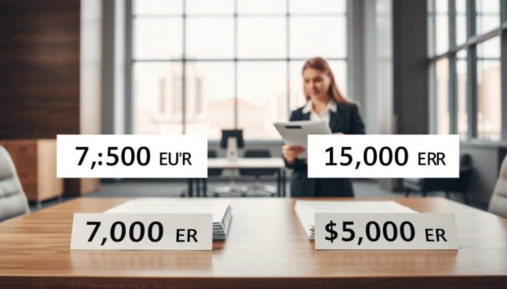 A professional setting illustrating the comparison of two compensation amounts: 7,500 EUR and 15,000 EUR. In the foreground, a sleek wooden table with two sets of documents, each representing the compensation claims, labeled subtly with their respective amounts. In the middle ground, two business professionals dressed in smart attire, a male and a female, engaged in a thoughtful discussion, pointing at the documents. The background features a well-lit modern office with tall windows, allowing natural light to stream in, creating a calm and analytical atmosphere. The scene conveys a sense of professionalism and financial analysis, with the focus on the contrasting figures, and a neutral color palette to maintain clarity and focus on the subject matter.