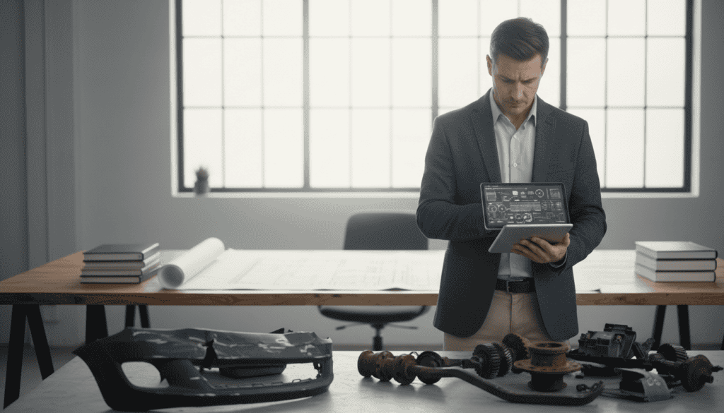 A professional setting illustrating the impact of technical expertise on compensation claims. In the foreground, a focused engineer, dressed in smart business attire, is examining a car's damaged parts with a tablet in hand, analyzing data. In the middle ground, a detailed close-up of various mechanical components, such as bumpers and gears, showcases signs of wear and damage. The background features an office environment with blueprints and technical documents scattered on a desk, a large window letting in soft, natural light that enhances the analytical ambiance. The atmosphere is serious and professional, emphasizing the importance of thorough technical expertise in assessing damages for fair compensation. Use a slightly blurred depth of field to keep the engineer in sharp focus. A professional setting illustrating the impact of technical expertise on compensation claims. In the foreground, a focused engineer, dressed in smart business attire, is examining a car's damaged parts with a tablet in hand, analyzing data. In the middle ground, a detailed close-up of various mechanical components, such as bumpers and gears, showcases signs of wear and damage. The background features an office environment with blueprints and technical documents scattered on a desk, a large window letting in soft, natural light that enhances the analytical ambiance. The atmosphere is serious and professional, emphasizing the importance of thorough technical expertise in assessing damages for fair compensation. Use a slightly blurred depth of field to keep the engineer in sharp focus.