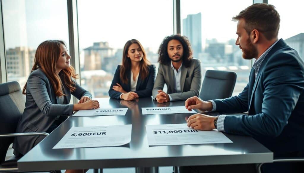 A professional setting showcasing a discussion about car insurance valuations. In the foreground, depict a diverse group of three individuals in business attire, engaged in a thoughtful conversation, their expressions reflecting curiosity and contemplation. In the middle, include a modern conference table with documents detailing car insurance quotes, marked "5,900 EUR" and "11,800 EUR" in an organized and clear layout. In the background, a large window lets in soft natural light, creating a warm and inviting atmosphere, while cityscape views provide context. The overall mood should be one of analysis and professionalism, emphasizing the importance of customer opinions in insurance evaluations. Ensure the composition is well-balanced, with a slight focus on the group in foreground to convey dynamic interaction.
