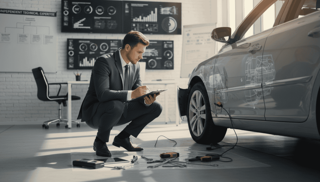 A professional setting showcasing a technical assessment of vehicle damages. In the foreground, a confident technician in business attire analyzes a damaged car, jotting notes on a clipboard. The middle ground features a detailed view of the car's dented bodywork, with tools and diagnostic equipment scattered around. In the background, soft-focus images of a bright, modern office with charts and diagrams related to damage valuation on the walls. The lighting is warm and inviting, emphasizing a sense of professionalism and thoroughness. The angle captures the technician's focused expression, creating a mood of diligence and expertise in assessing costs related to independent technical expertise. A professional setting showcasing a technical assessment of vehicle damages. In the foreground, a confident technician in business attire analyzes a damaged car, jotting notes on a clipboard. The middle ground features a detailed view of the car's dented bodywork, with tools and diagnostic equipment scattered around. In the background, soft-focus images of a bright, modern office with charts and diagrams related to damage valuation on the walls. The lighting is warm and inviting, emphasizing a sense of professionalism and thoroughness. The angle captures the technician's focused expression, creating a mood of diligence and expertise in assessing costs related to independent technical expertise.