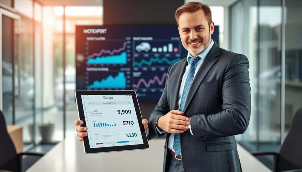 A professional setting showcasing the MOTOEXPERT service, featuring a sleek, modern office environment. In the foreground, a confident consultant in business attire reviews a digital tablet displaying a detailed report with the highlighted figure of 9,900 EUR. The middle ground includes a large screen behind the consultant displaying vehicle valuation graphs and statistics, symbolizing the analysis of vehicle worth. The background shows a stylish office with glass walls, soft natural lighting filtering in, creating a calm and focused atmosphere. The overall mood should convey professionalism and trustworthiness, illustrating the MOTOEXPERT valuation process effectively. Use a wide-angle lens to capture the depth of the office space while maintaining a clear focus on the consultant and the digital report.