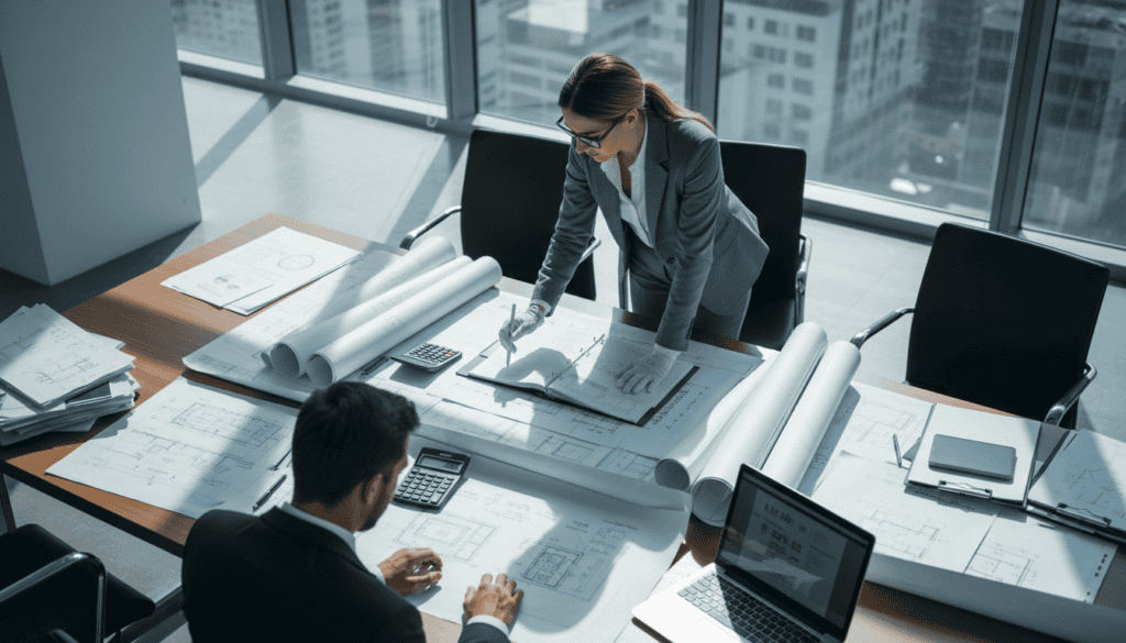 A professional setting that depicts a technical expert reviewing a detailed report on a large table surrounded by blueprints and diagrams. In the foreground, a focused individual in business attire examines technical drawings, using a laptop. The middle ground features scattered legal documents and a calculator, symbolizing the complexity of technical expertise. The background showcases a modern office with large windows, allowing natural light to illuminate the scene, creating a bright and organized atmosphere. The composition should include sharp angles and a slight overhead view to emphasize the meticulous nature of technical assessments. Overall, the mood reflects professionalism, seriousness, and attention to detail, relevant to the challenges faced in technical evaluations.