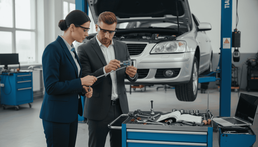 A professional setting with a focus on technical expertise for a vehicle assessment process. In the foreground, a confident male and female assessor in business attire, reviewing a car's damage with precision instruments like measuring tape and digital calipers. The middle ground features a partly disassembled vehicle on a repair lift, with tools and technical manuals scattered around. Soft, natural lighting illuminates the scene, creating a focused yet collaborative atmosphere. A blurred workshop background shows additional vehicles and mechanical equipment, emphasizing a high-tech environment. The composition should inspire a sense of expertise and meticulous attention to detail in the technical examination process.