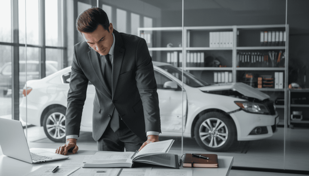 A professional technical expert, dressed in business attire, examines a detailed car damage report and assesses a vehicle in an office setting. The foreground features the expert intently focused on the report, with a high-quality notebook and a laptop open beside them. In the middle ground, the damaged car is clearly visible, under bright lighting that highlights the imperfections and damages. In the background, shelves filled with technical manuals and automotive tools create a sense of an organized workspace. The atmosphere is serious and analytical, with a soft focus on the background to emphasize the expert's concentration. Capture this scene from a slightly elevated angle, using natural light to enhance the clarity and detail of the documents and vehicle.