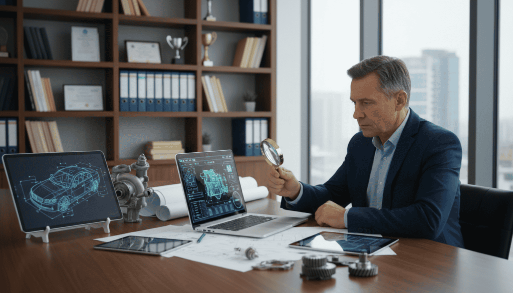 A professional technical expert examining a detailed automotive report with digital tools, set in a modern office environment. In the foreground, the expert, a middle-aged individual in a smart business attire, is intently analyzing blueprints and graphs on a laptop, while holding a magnifying glass. The middle layer features a large table cluttered with mechanical components, diagrams, and a tablet displaying detailed automotive data. In the background, shelves filled with technical books and awards suggest a well-established expertise in the field. Natural light filters through a large window, creating a clear, focused atmosphere. The overall mood is one of professionalism and diligence, capturing the essence of a technical assessment.