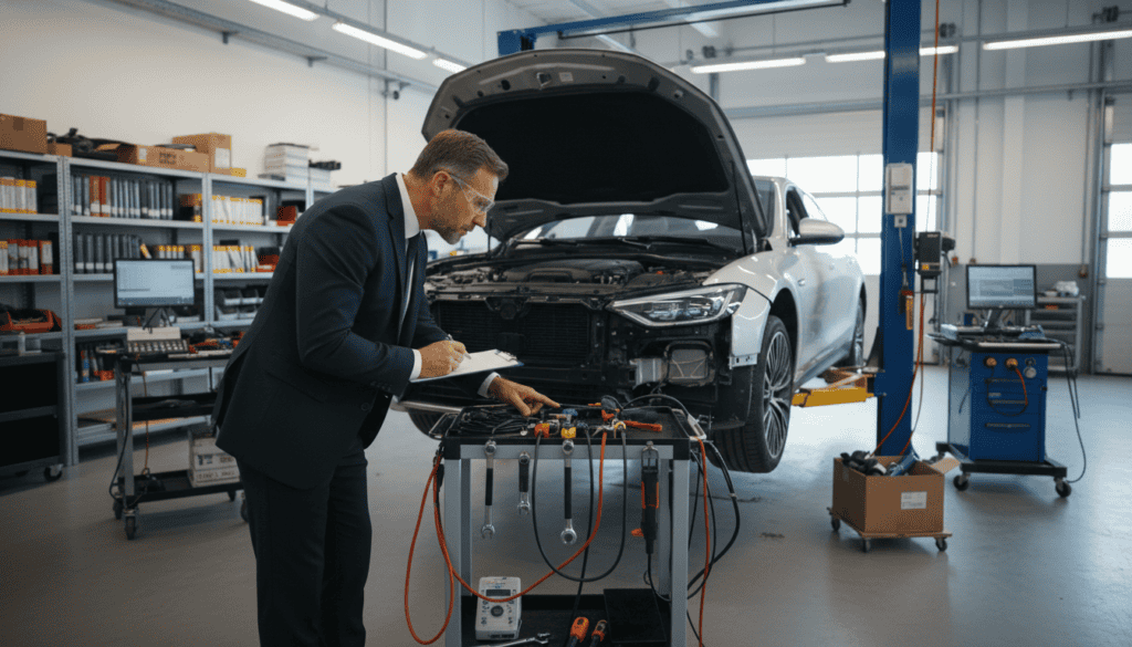 A professional technical expert examining a vehicle in a bright, well-lit garage environment. In the foreground, the expert, a middle-aged Caucasian male, wears a smart business suit, equipped with safety glasses and holding a clipboard, intently inspecting the car's engine. The middle ground features the vehicle on a raised platform, with various technical evaluation tools and equipment neatly arranged around it. The background includes shelves filled with manuals and technical tools, softly illuminated by overhead lights, emphasizing a focused and diligent atmosphere. Use a wide-angle lens to capture the scene, with a slight depth of field to accentuate the expert's engagement with the vehicle. The overall mood is serious yet professional, highlighting expertise and precision in technical assessments.