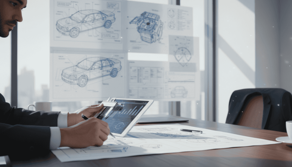 A professional technician examining a detailed vehicle blueprint on a sleek desk in a modern office environment. In the foreground, a close-up of the technician’s hands holding a caliper and a digital tablet displaying technical data. In the middle, large format prints of engineering sketches and charts hang on the walls, showcasing intricate vehicle components. The background features large windows with soft natural light filtering in, creating an inviting yet focused atmosphere. The technician, dressed in formal business attire, looks thoughtfully at the blueprint, conveying a sense of expertise and professionalism. The overall mood is serious and analytical, capturing the essence of technical expertise in accident assessment.