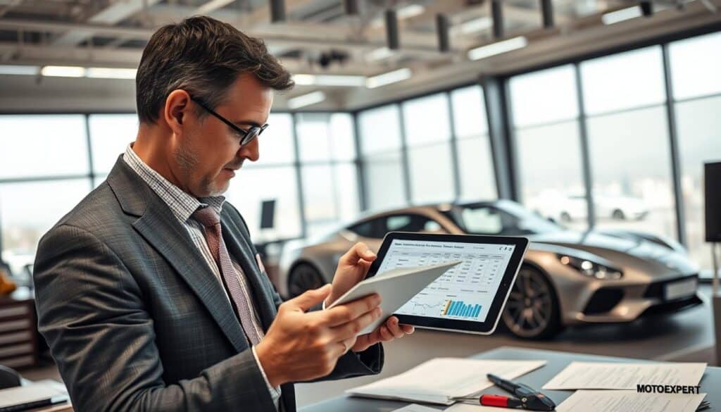 A professional vehicle appraiser at work, analyzing a car in a well-lit office environment. The appraiser, a middle-aged man in a tailored suit, examines a vehicle report on a desk cluttered with automotive tools and valuation charts. In the foreground, the appraiser holds a tablet displaying detailed valuation data, his expression focused and serious. The middle of the scene features a sleek luxury car, parked indoors; its metallic paint shines under the soft overhead lighting. In the background, large windows reveal a subtle urban landscape, hinting at a bustling city outside. The overall mood is one of expertise and diligence, emphasizing the thorough and precise nature of vehicle valuations like MOTOEXPERT's.