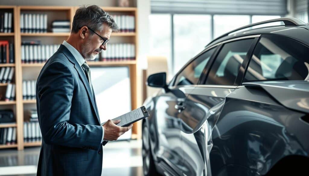 A professional vehicle appraiser examines a damaged car in a well-lit office environment, showcasing the contrast between a new, shiny vehicle and a dented, older model. In the foreground, the appraiser is wearing smart business attire, taking notes on a clipboard while standing beside the damaged car. The background features shelves filled with industry books and a large window allowing natural light to filter in. Soft shadows enhance the scene's realism. The overall mood is serious yet approachable, reflecting the importance of expert evaluations in insurance claims. The image captures the essence of professionalism and trust in vehicle appraisal.