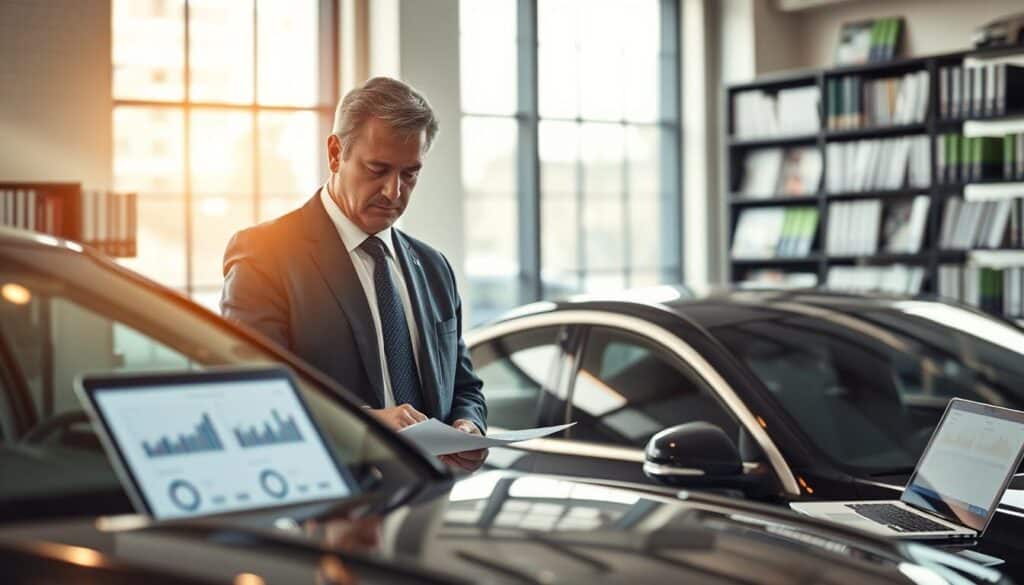 A professional vehicle appraiser examining a car in a well-lit, modern office environment. In the foreground, a middle-aged male appraiser, dressed in business attire, is meticulously inspecting a vehicle. The car is a sleek sedan, illuminated by natural light streaming through large windows. In the middle ground, a desk cluttered with appraisal documents and a laptop displays data charts. Behind the appraiser, bookcases filled with automotive reference materials create an atmosphere of expertise and professionalism. The overall mood is serious yet insightful, capturing the meticulous nature of vehicle valuation. Use soft, warm lighting to enhance the professionalism of the scene and a slightly blurred background to emphasize the focus on the appraiser and the car.