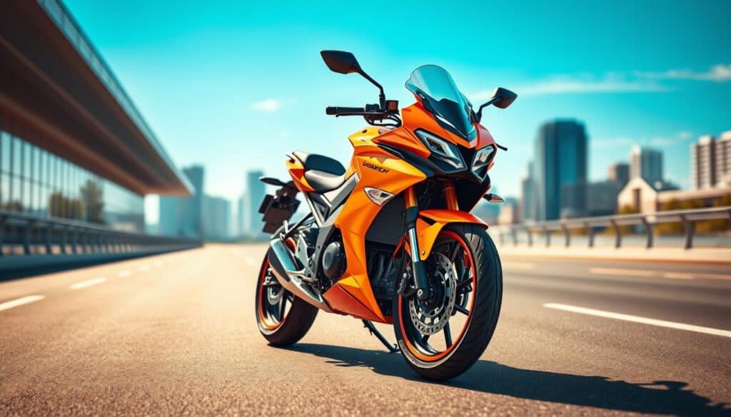 A sleek and modern motorcycle, the MOTOEXPERT 10, stands prominently in the foreground, showcasing its vibrant color and aerodynamic design, sparkling under bright daylight. The motorcycle is equipped with advanced features like a high-tech dashboard and unique tire patterns. In the middle ground, a visually appealing urban environment features a smooth asphalt road and minimalist architecture, enhancing the bike's allure. In the background, soft-focus city buildings create a dynamic skyline under a clear blue sky, implying speed and modernity. The scene is infused with a sense of adventure and sophistication, with warm natural lighting illuminating the bike's shiny surface, emphasizing its premium quality and sleek design, evoking a feeling of excitement and the promise of thrilling rides. A sleek and modern motorcycle, the MOTOEXPERT 10, stands prominently in the foreground, showcasing its vibrant color and aerodynamic design, sparkling under bright daylight. The motorcycle is equipped with advanced features like a high-tech dashboard and unique tire patterns. In the middle ground, a visually appealing urban environment features a smooth asphalt road and minimalist architecture, enhancing the bike's allure. In the background, soft-focus city buildings create a dynamic skyline under a clear blue sky, implying speed and modernity. The scene is infused with a sense of adventure and sophistication, with warm natural lighting illuminating the bike's shiny surface, emphasizing its premium quality and sleek design, evoking a feeling of excitement and the promise of thrilling rides.