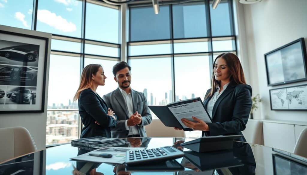 A sleek, modern office environment with a professional atmosphere. In the foreground, a diverse group of three individuals in business attire—one male and two females—are engaged in a discussion, examining a detailed vehicle valuation report displayed on a sleek tablet. The middle ground features a large window showcasing a cityscape with clear blue skies, as natural light pours in, creating a warm and inviting ambiance. On a glass table, automotive brochures and a calculator are neatly arranged, symbolizing analysis and decision-making. The background subtly hints at automotive elements, like car models and diagrams framed on the walls, reinforcing the theme of vehicle valuation and expert opinions. The overall mood is analytical yet approachable, encouraging trust and engagement.