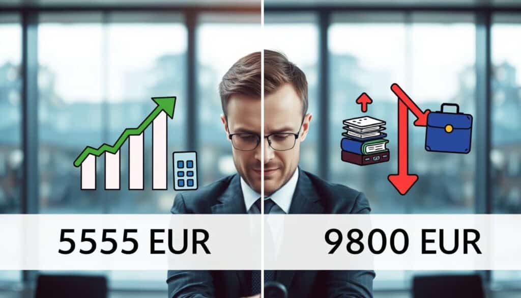 A split image comparing two insurance valuations: on the left, a clean and simple representation of "5555 EUR" with graphical elements like a green upward arrow and a calculator, symbolizing affordability and value. On the right, a more intricate design showcasing "9800 EUR," featuring a red downward arrow, a stack of paperwork, and a briefcase, indicating complexity and higher cost. In the foreground, a business professional in smart attire is analyzing the two options, with a focused expression. The background features a sleek office environment with soft natural lighting coming from large windows, adding a sense of clarity and professionalism to the scene. The overall mood is analytical and informative, reflecting the comparison theme without any text or distractions.
