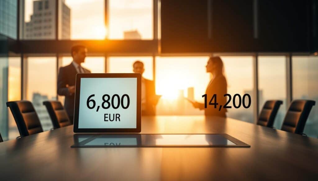 A split scene illustrating a comparison of two insurance valuations. In the foreground, a sleek, modern conference table with a digital tablet displaying the figures "6,800 EUR" on one side and "14,200 EUR" on the other. The middle ground features two professional business people, a man and a woman, engaged in discussion, both dressed in smart business attire. Behind them, a large window revealing a cityscape at sunset, casting warm golden light into the room. The atmosphere is one of analysis and professionalism, creating a sense of urgency and importance around the decision-making process. The scene is well-lit, focusing on the tablet's screen while maintaining soft shadows for depth.