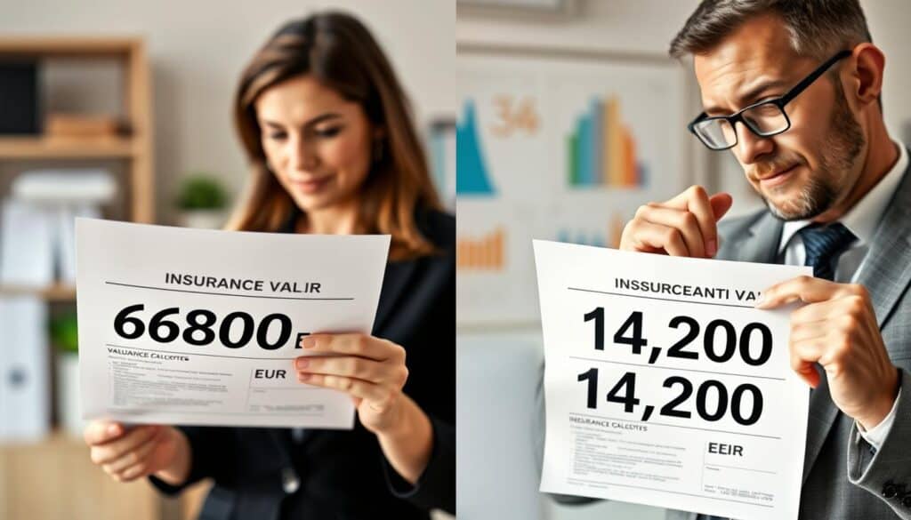 A split-screen comparison image showcasing two insurance valuations: on the left, a professional setting featuring a valuation document with a bold headline reading "6,800 EUR," with a confident businesswoman in professional attire analyzing it, her focus on the paperwork. On the right, a contrasting valuation document displaying "14,200 EUR," accompanied by a thoughtful businessman in professional clothing, pointing at the figures with an analytical expression. The background includes blurred office elements, such as shelves and abstract charts, reflecting a business environment. Soft, natural lighting illuminates both sides evenly, creating a balanced and serious atmosphere, evoking a sense of careful consideration and decision-making. The angles should emphasize the documents prominently, ensuring clarity in the comparison.
