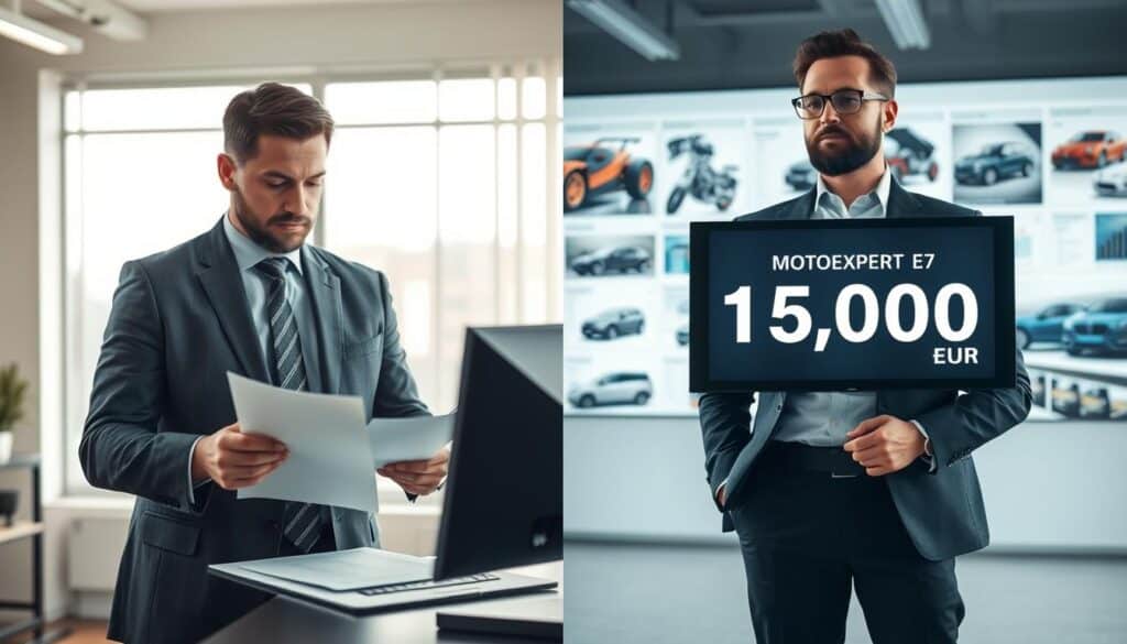 A split-screen image comparing two damage valuation methods. On the left side, depict an insurance adjuster in a professional suit, examining documents and a computer screen displaying a valuation of 7,500 EUR, with a thoughtful expression, in a well-lit office environment with soft natural light. On the right side, illustrate a representative from MOTOEXPERT, wearing smart casual attire, standing confidently next to a larger screen showing a valuation of 15,000 EUR, against a backdrop of automotive images and charts. Use a neutral color palette with highlights to emphasize contrast between the two valuations. The atmosphere should be analytical and professional, capturing the seriousness of damage assessment and comparison. Focus on clarity and detail, ensuring a balanced composition without text or overlays.