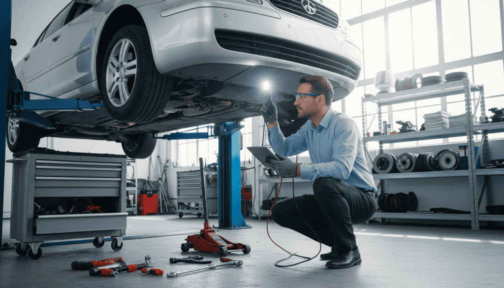 A technical expert inspecting a vehicle in a well-lit automotive workshop. In the foreground, a professional in a business shirt and safety glasses is closely examining a car's undercarriage using diagnostic tools and a bright flashlight. In the middle, a vehicle lift is prominently displayed with various automotive equipment and tools scattered about. The background features shelves filled with car parts and manuals, along with large windows allowing natural light to pour in, creating a clear, bright atmosphere. The mood is focused and analytical, emphasizing precision and expertise in the assessment process. The image should convey a sense of professionalism and the importance of independent technical evaluations without any text or distractions.