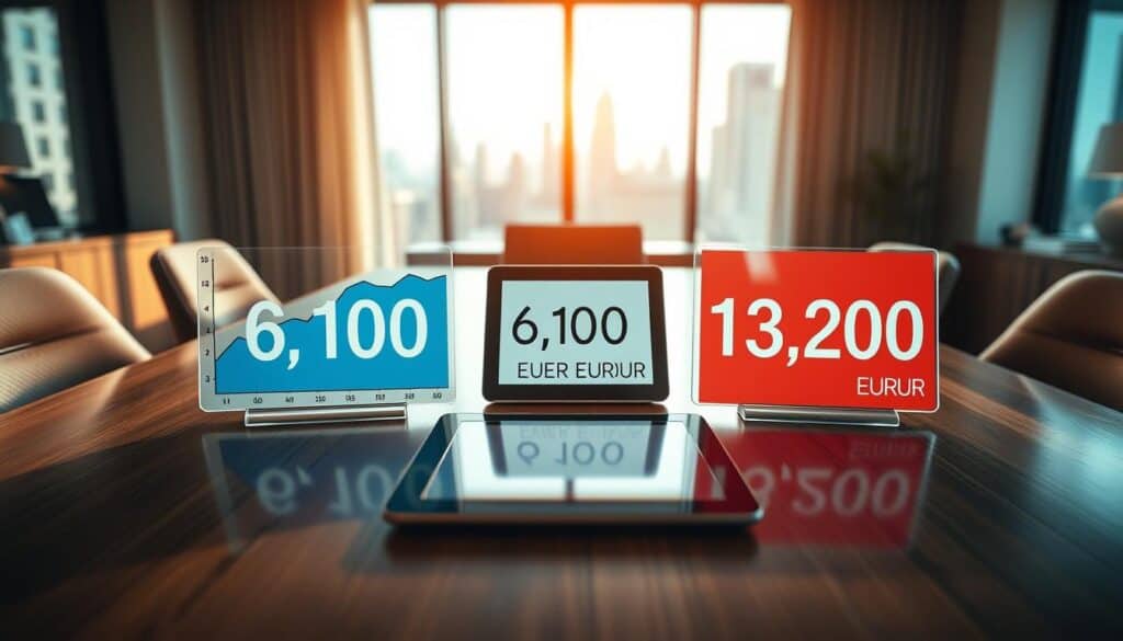 A visually compelling image illustrating a financial comparison between two insurance valuations: 6,100 EUR and 13,200 EUR. In the foreground, depict two detailed charts side by side, one representing each valuation, with a clear visual distinction using contrasting colors like blue and red for easy comparison. The middle of the image should feature a sleek office environment with a polished wooden table, on which a tablet displays the valuation figures. In the background, soft-focus elements like city skyline or office décor create a professional ambience. Use natural lighting coming from a nearby window to create a warm, inviting atmosphere. The angle should be slightly above eye level, offering a clear view of the charts and tablet while maintaining a sophisticated mood appropriate for a business context.