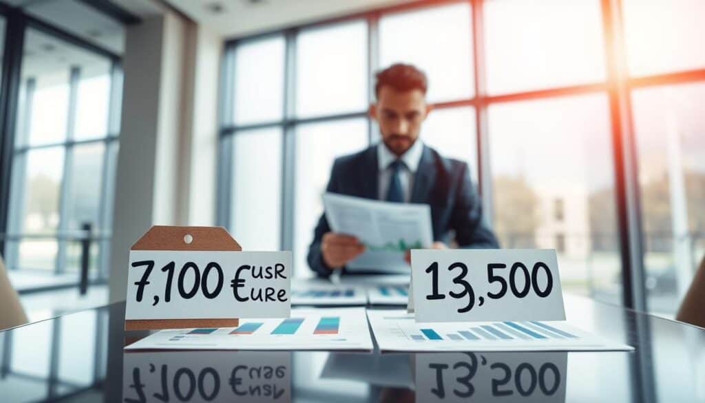 A visually engaging image depicting a professional comparison of insurance valuations, featuring two distinct pricing tags: one marked 7,100 EUR and the other 13,500 EUR. In the foreground, place a sleek table with a polished surface, showcasing charts and graphs that represent data analysis, highlighting differences in value. In the middle ground, a business professional dressed in a smart suit examines the documents, their expression focused and analytical. In the background, a soft gradient representing a modern office environment, with large windows allowing natural light to flood in, creating a bright and optimistic atmosphere. The angle should be slightly elevated, capturing both the subject and the detailed charts with clarity and depth, emphasizing the informative nature of the comparison.