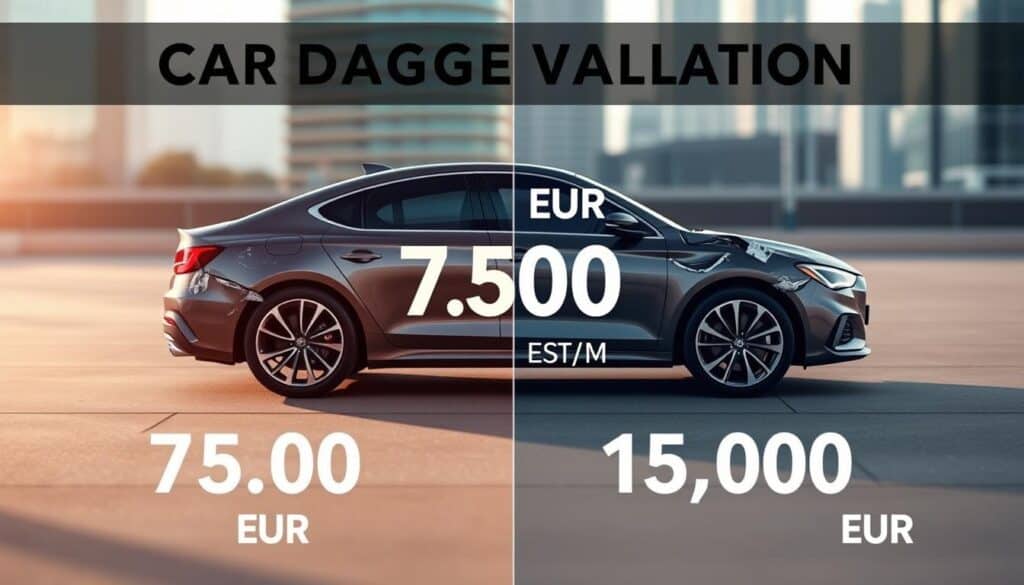 A visually striking infographic comparing car damage valuations, featuring two distinct sections: one illustrating a value of 7,500 EUR and the other showcasing 15,000 EUR. In the foreground, a sleek, modern car with visible damage is positioned, split into two halves; on the left, subtle dent and scratch marks signify the lower valuation, while on the right, more significant damages are depicted, emphasizing higher repair costs. The middle layer includes numerical representations of both valuations in bold, contrasting colors. In the background, a blurred cityscape suggests an urban environment. The scene is bathed in soft, natural light, with a warm color palette creating a professional yet engaging atmosphere. The angle is slightly angled from above to create depth, promoting a clear understanding of the key differences in valuations. A visually striking infographic comparing car damage valuations, featuring two distinct sections: one illustrating a value of 7,500 EUR and the other showcasing 15,000 EUR. In the foreground, a sleek, modern car with visible damage is positioned, split into two halves; on the left, subtle dent and scratch marks signify the lower valuation, while on the right, more significant damages are depicted, emphasizing higher repair costs. The middle layer includes numerical representations of both valuations in bold, contrasting colors. In the background, a blurred cityscape suggests an urban environment. The scene is bathed in soft, natural light, with a warm color palette creating a professional yet engaging atmosphere. The angle is slightly angled from above to create depth, promoting a clear understanding of the key differences in valuations.