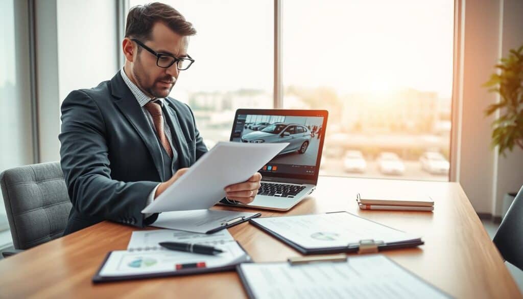 A well-dressed professional appraiser, representing MOTOEXPERT, is analyzing vehicle damage in a modern office setting. The foreground features a confident individual in a tailored suit, closely examining paperwork and a laptop displaying high-quality images of a vehicle. In the middle, a sleek wooden desk with automotive assessment tools and a clipboard filled with detailed appraisal notes. The background showcases a large window with soft, natural lighting filtering through, creating a bright and optimistic atmosphere. The overall mood conveys professionalism and trustworthiness, emphasizing clients' positive opinions about MOTOEXPERT's thorough valuation services, depicted in a way that highlights the difference in assessment values without any visible logos or text elements.