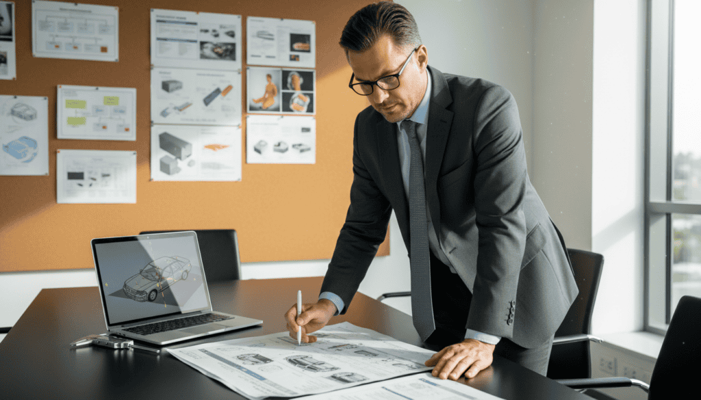 A well-equipped technical expert in a modern office setting, clad in professional business attire, is examining a detailed auto accident report laid out on a sleek conference table. The background features a corkboard with pinned diagrams and charts related to vehicle assessments. Soft, natural light filters in through a large window, creating a bright and focused atmosphere. On the desk, various technical tools like a measuring caliper and a laptop displaying engineering software can be seen. The angle captures the expert’s analytical gaze and emphasizes the serious nature of the work. This composition conveys the importance of a technical assessment in the context of vehicle compensation decisions, illustrating the theme of independent technical opinions.