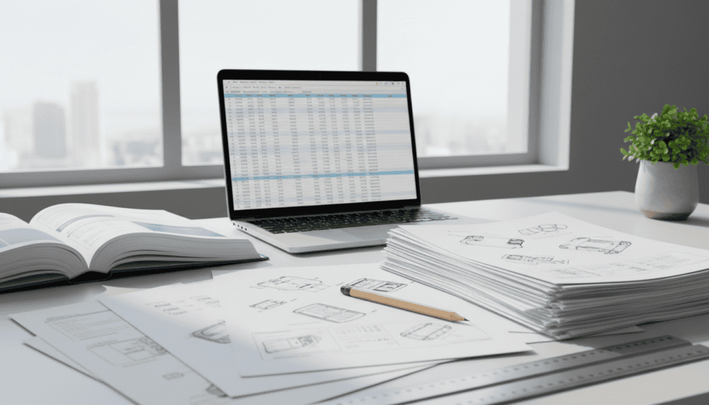 A well-organized office desk showcasing technical documentation for a vehicle damage assessment report. In the foreground, a neatly stacked pile of papers, some with diagrams and detailed charts, including a ruler and a pencil lying beside them. In the middle, a laptop screen displaying a spreadsheet of calculations relevant to the assessment, with an open technical manual on one side. The background features a large window allowing natural light to flood the room, casting soft shadows. A potted plant adds a touch of color, enhancing the professional atmosphere. The overall mood is focused and diligent, suggesting careful preparation for a technical expertise review. The scene captures the essence of meticulous documentation necessary for a thorough assessment.