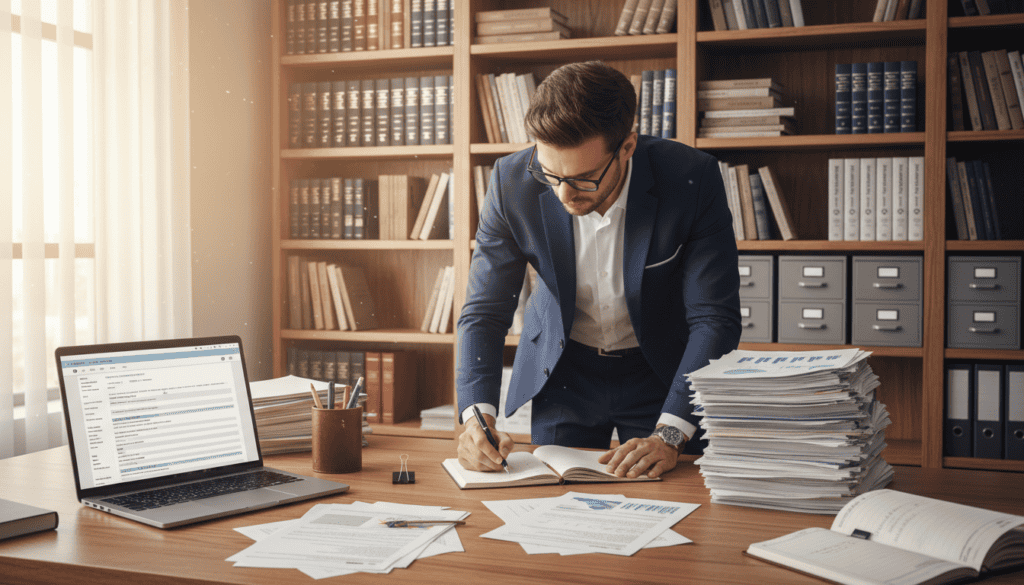 A well-organized office scene depicting the process of documentation in an insurance claim setting. In the foreground, a neatly arranged desk with a laptop open to a digital file, stacks of paperwork, and pens, showcasing meticulous organization. The middle ground features a focused business professional, dressed in formal attire, analyzing documents and taking notes, reflecting diligence in their work. The background reveals shelves filled with reference books and file cabinets, creating an atmosphere of a busy, efficient office. Soft, natural lighting filters through a nearby window, casting a warm glow on the scene, enhancing the industrious mood. The angle should be slightly above eye level, capturing the essence of professionalism and attentiveness to detail in the claims process. A well-organized office scene depicting the process of documentation in an insurance claim setting. In the foreground, a neatly arranged desk with a laptop open to a digital file, stacks of paperwork, and pens, showcasing meticulous organization. The middle ground features a focused business professional, dressed in formal attire, analyzing documents and taking notes, reflecting diligence in their work. The background reveals shelves filled with reference books and file cabinets, creating an atmosphere of a busy, efficient office. Soft, natural lighting filters through a nearby window, casting a warm glow on the scene, enhancing the industrious mood. The angle should be slightly above eye level, capturing the essence of professionalism and attentiveness to detail in the claims process.