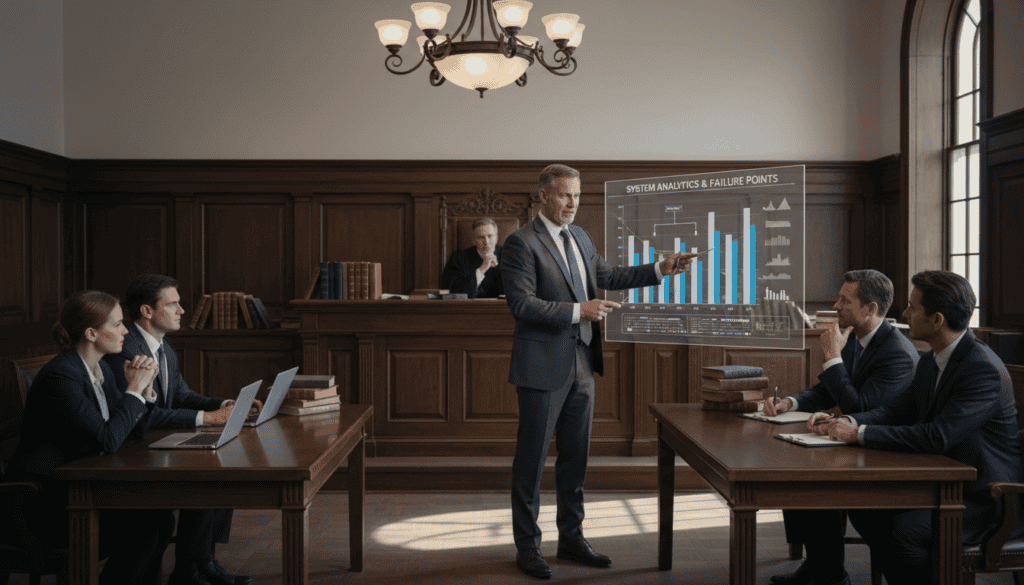 An elegant courtroom setting, featuring a judge overseeing a case with a focus on a technical expert. In the foreground, a mid-aged male expert in a business suit passionately presenting a well-organized chart, highlighting key elements of a technical analysis. The middle layer includes lawyers on either side, engaged in active discussion, one taking notes on a laptop. In the background, the judge’s bench looms solemnly, lined with law books, and a soft light emanates from the chandelier above, creating a serious yet respectful atmosphere. The overall mood is professional and intense, emphasizing the gravity of expertise in influencing judicial outcomes. The image should utilize natural lighting to reflect a sense of authenticity and depth.