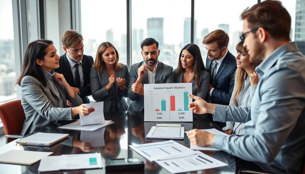 A business meeting in a modern office space, with a diverse group of professionals discussing insurance valuations. In the foreground, a neatly arranged table displaying financial documents and comparison charts, with one user gesturing thoughtfully while pointing at a chart showing contrasting prices. In the middle ground, engaged professionals in business attire, showcasing a mix of reactions ranging from concern to optimism, as they analyze the differences in valuation—5,300 EUR versus 12,000 EUR. The background features a large window with a city skyline, casting soft natural light into the room. The overall mood is collaborative and analytical, emphasizing critical thinking and discussions about user opinions on valuation differences.