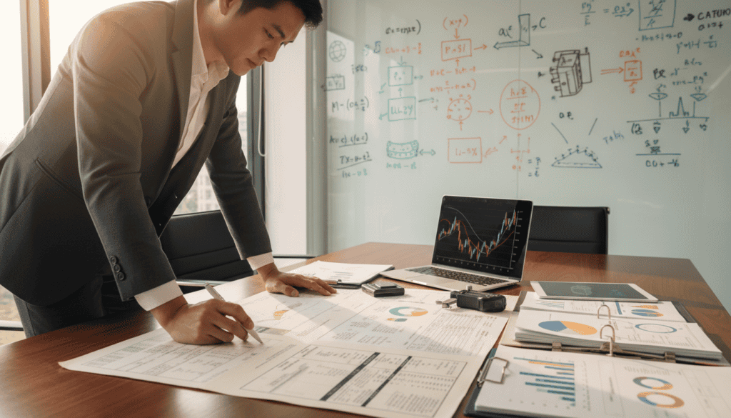 A close-up scene of a technical analysis process in a modern office environment. In the foreground, a professional wearing business attire is focused on examining a large, detailed technical report spread out on a sleek conference table, illuminated by soft, natural light streaming through a nearby window. In the middle, an array of high-tech tools and devices, such as a laptop displaying graphs, a digital measuring instrument, and documents with charts, are scattered across the table, indicating a thorough investigation. In the background, a whiteboard covered with complex diagrams and notes adds depth to the scene. The overall atmosphere conveys professionalism and diligence, highlighting the importance of precise technical analysis in decision-making processes.