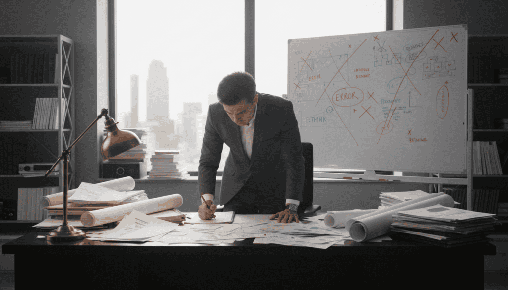 A cluttered yet organized office space reflecting the chaos of technical expertise gone wrong. In the foreground, a brown wooden desk with scattered papers, blueprints, and calculation sheets lays testament to common mistakes made during technical assessments. A focused professional, dressed in business attire, examines documents under a desk lamp, casting a warm glow. In the middle ground, a whiteboard peppered with red markings and annotations illustrates errors and misunderstandings in assessments. In the background, a large window lets in soft, natural light, creating an atmosphere of urgency and distraction. The overall mood conveys a sense of concern and determination to rectify mistakes, highlighting the importance of accuracy in technical expertise. The composition captures the tension between chaos and professionalism. A cluttered yet organized office space reflecting the chaos of technical expertise gone wrong. In the foreground, a brown wooden desk with scattered papers, blueprints, and calculation sheets lays testament to common mistakes made during technical assessments. A focused professional, dressed in business attire, examines documents under a desk lamp, casting a warm glow. In the middle ground, a whiteboard peppered with red markings and annotations illustrates errors and misunderstandings in assessments. In the background, a large window lets in soft, natural light, creating an atmosphere of urgency and distraction. The overall mood conveys a sense of concern and determination to rectify mistakes, highlighting the importance of accuracy in technical expertise. The composition captures the tension between chaos and professionalism.